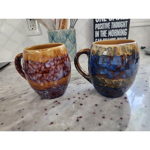 Set of Vintage Mugs McIntosh oz Brown and Blue Abstract Drip Glaze Glossy 12 oz - Picture 3 of 5